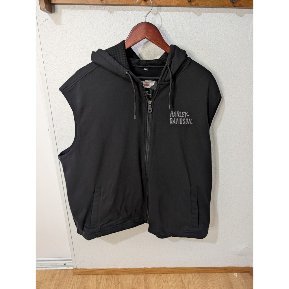 Harley-Davidson Men's 2XL Black Sleeveless Zip Hoodie Vest 100% Cotton
